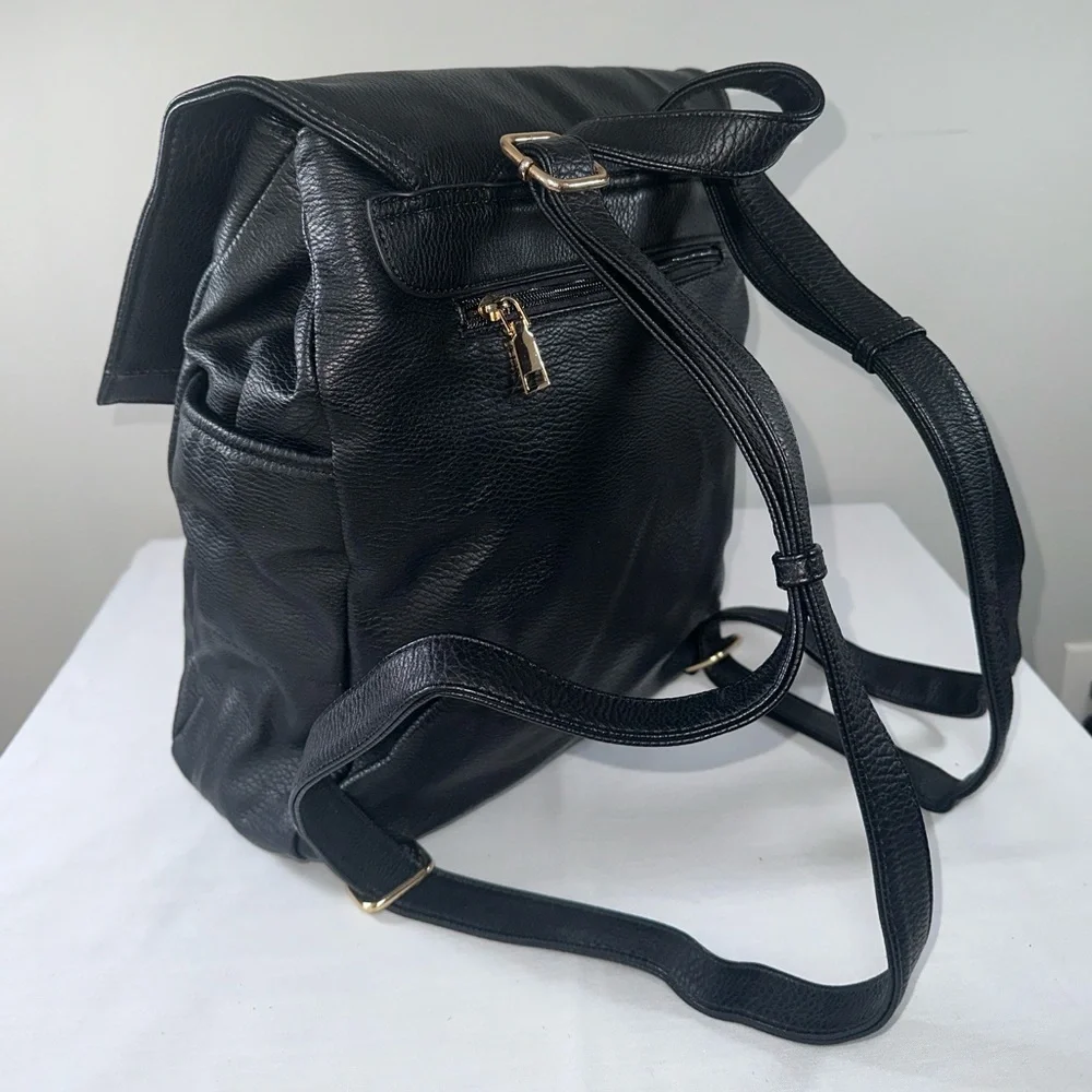 Madison West Faux Leather Convertible Backpack Tan and Black Gold Hardware